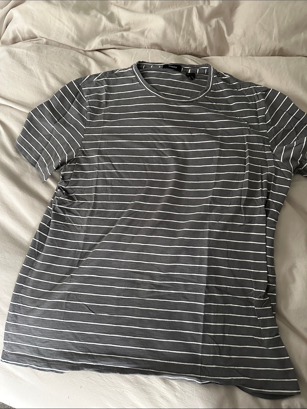 Theory Gray and White Striped Short Sleeve Crew Tee
